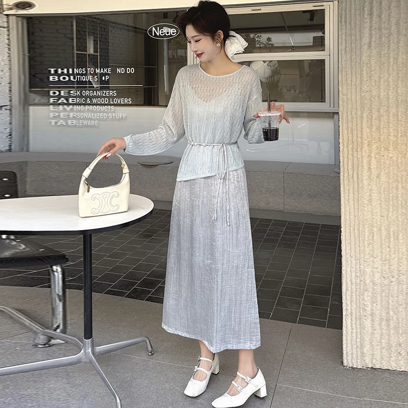 两件套女2025春夏新款韩版纯欲系带针织衫+连衣裙显瘦吊带裙子