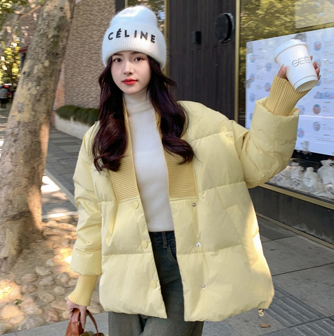 独特漂亮超好看v领短款羽绒服女冬2024年新款小众多巴胺黄色外套