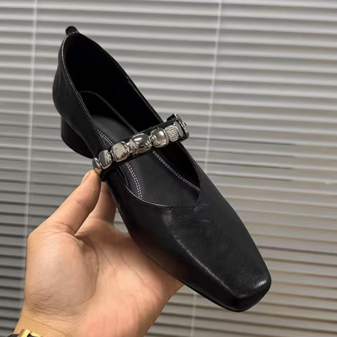 【朵苮品牌】粗跟单鞋女春秋新款高级感舒适方头法式中跟单鞋8592