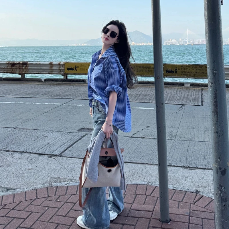 玫瑰的故事刘亦菲同款蓝色条纹衬衫女宽松高级感港风复古开衫衬衣