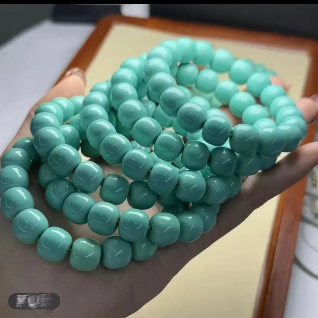 【松松甄选】湖北原矿绿松石果冻绿老形手串纯原石打磨