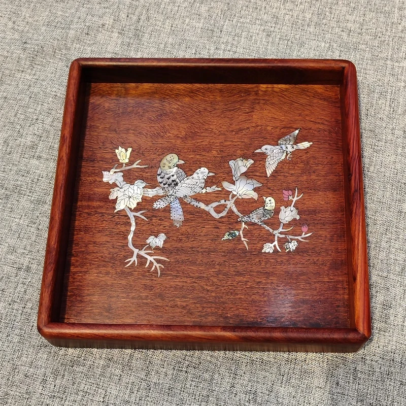 缅甸花梨木方形螺钿喜上枝头托盘文承盘20*20*3cm