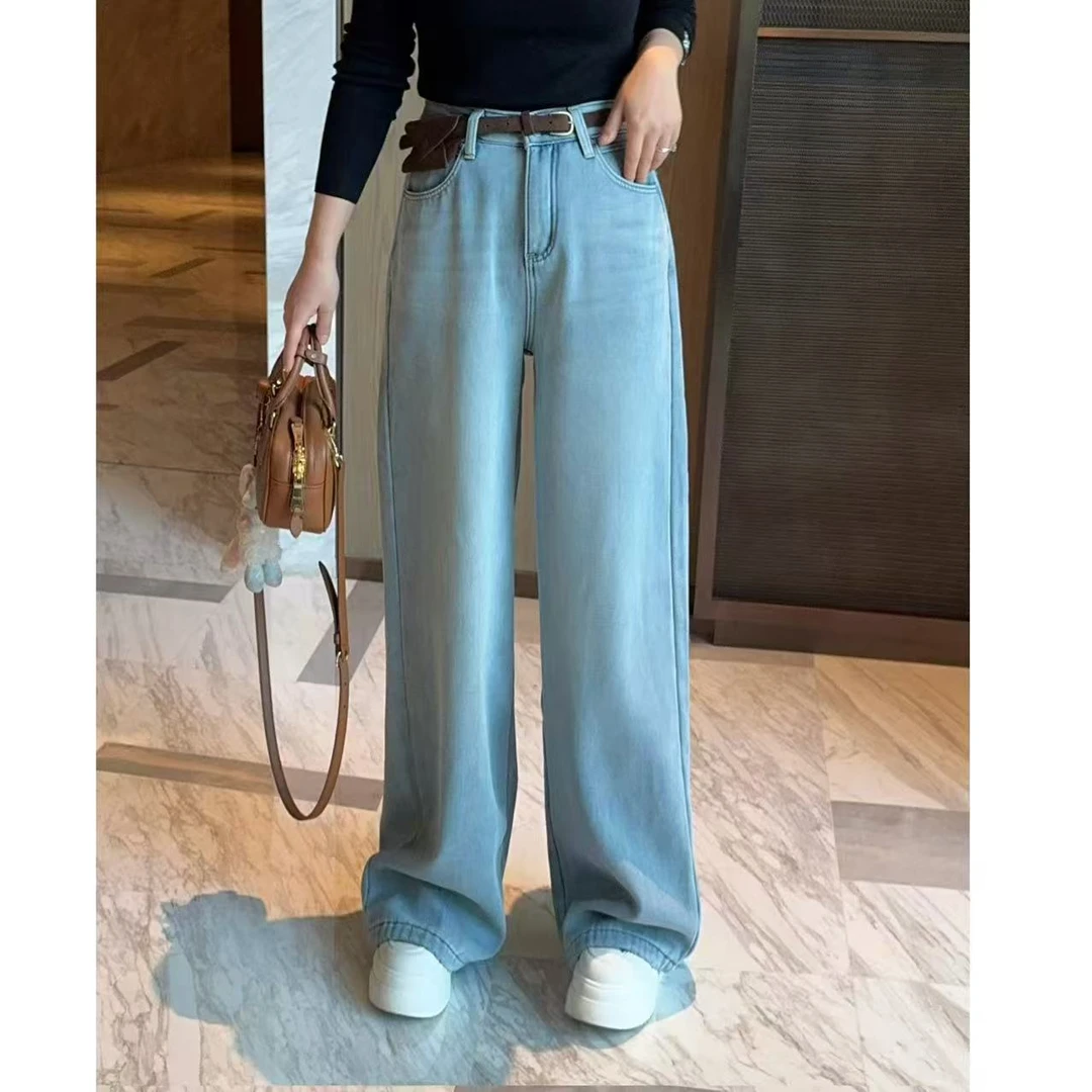 【反季蓝腰包阔腿裤】冬季高腰浅色系水洗直筒裤加绒显瘦牛仔裤