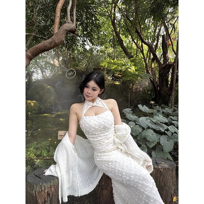 黑泽玄七修身旗袍连衣裙“羊脂白玉” 新中式盘扣立体绣花显瘦裙