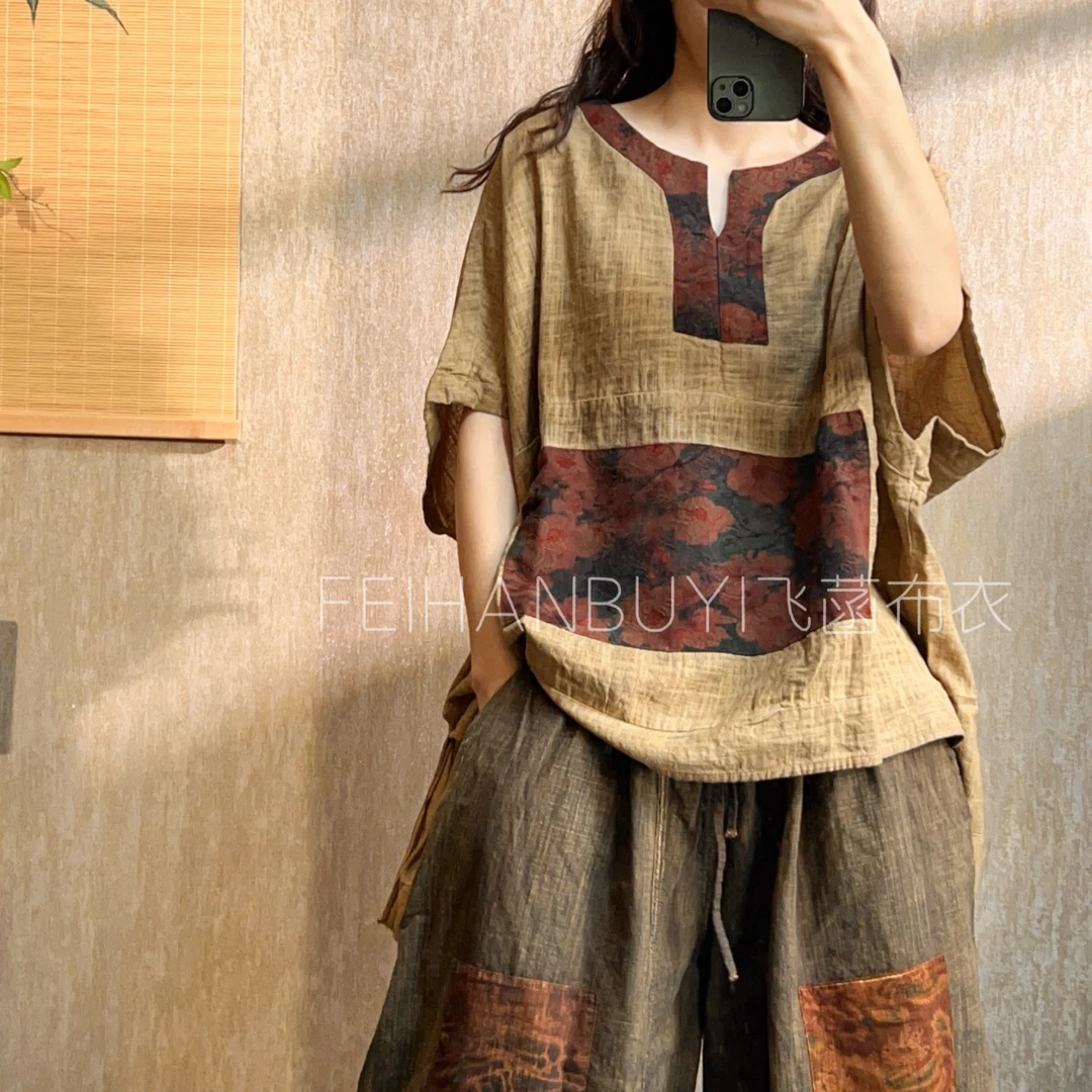 073-2亚麻拼接印花圆领个性上衣百搭套头衫短袖T