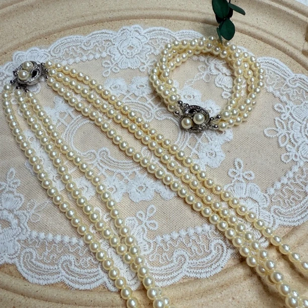 铜合金仿珍珠项链 【六六中古】孤品优雅感项链手链套装at608