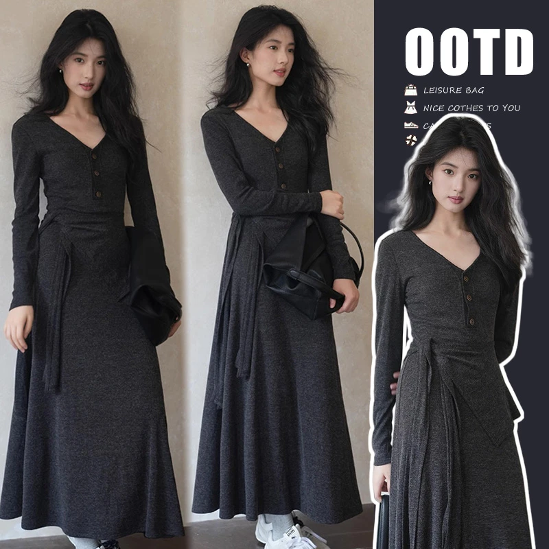 孕妇连衣裙秋冬季2025新款时尚高级V领修身气质针织孕妇裙子春装