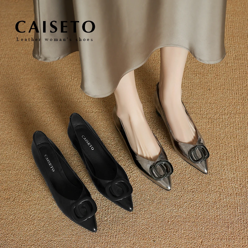 牛皮/3cm/新款时尚尖头百搭扣件低跟单鞋舒适真皮女鞋D780