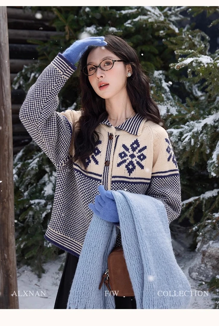 「轻烟丽影」气质翻领毛衣女装冬季2024新款保暖毛针织开衫L52238