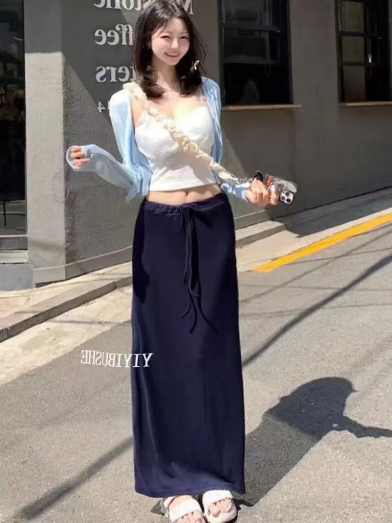 韩国东大门时尚简约百搭抽绳莫代尔开叉显瘦直筒半身裙休闲长裙女