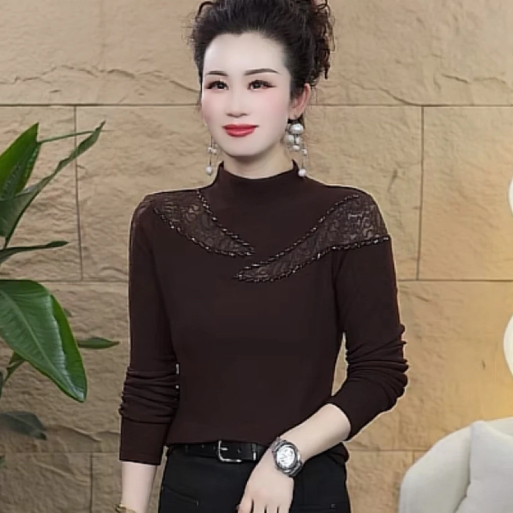 【歌莱图】2025秋冬新品镂空修身显瘦长袖气质款加绒打底上衣#9052