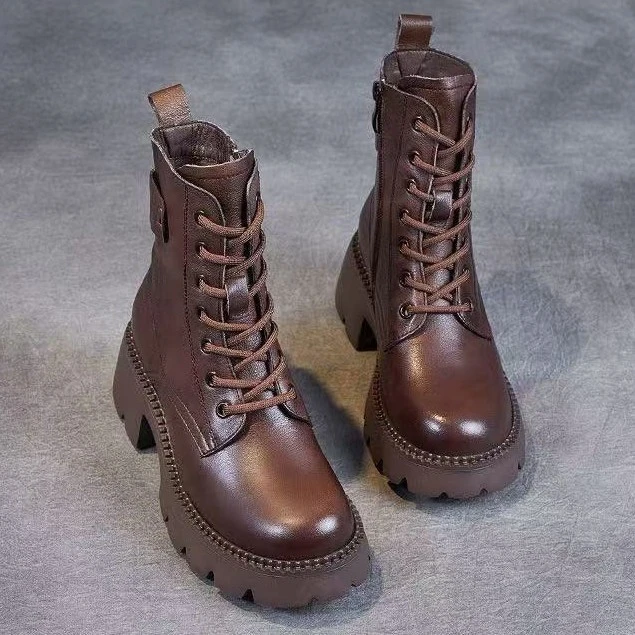 清奈皮质单靴2024秋冬加绒百搭软底马丁靴高跟显脚小靴子靴子女英