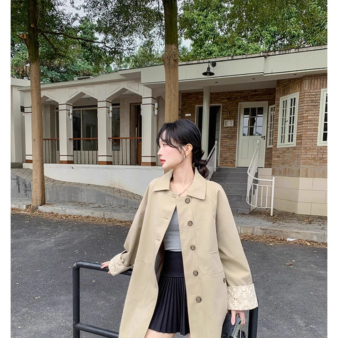 卡其色蕾丝翻袖风衣外套女2025秋季新款韩系高级感宽松休闲大衣潮