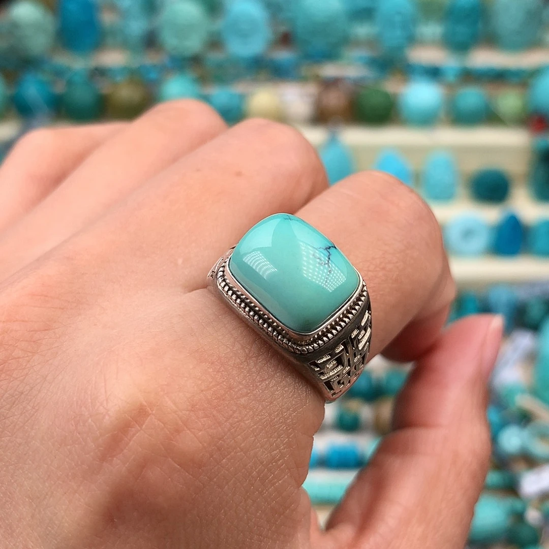 A***画绿松石银S925镶嵌珠宝奇石