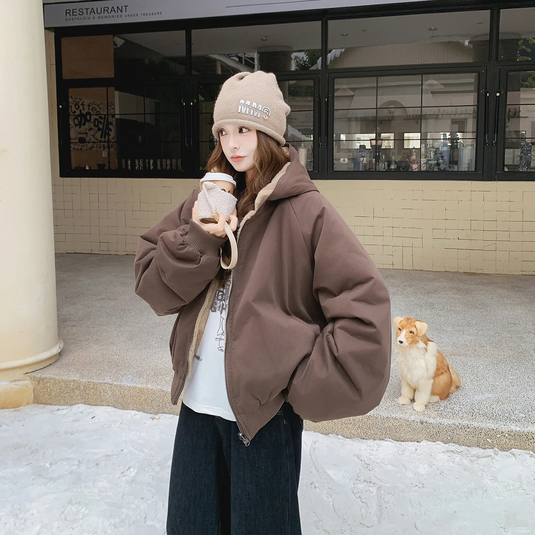 正反两面穿连帽短外套冬季女2025年新款慵懒休闲风韩系小个子上衣