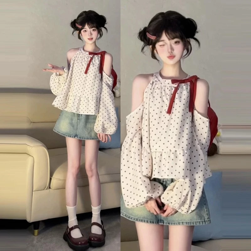 法式蝴蝶结波点白色露肩衬衫女早秋季2025新款设计感气质宽松上衣