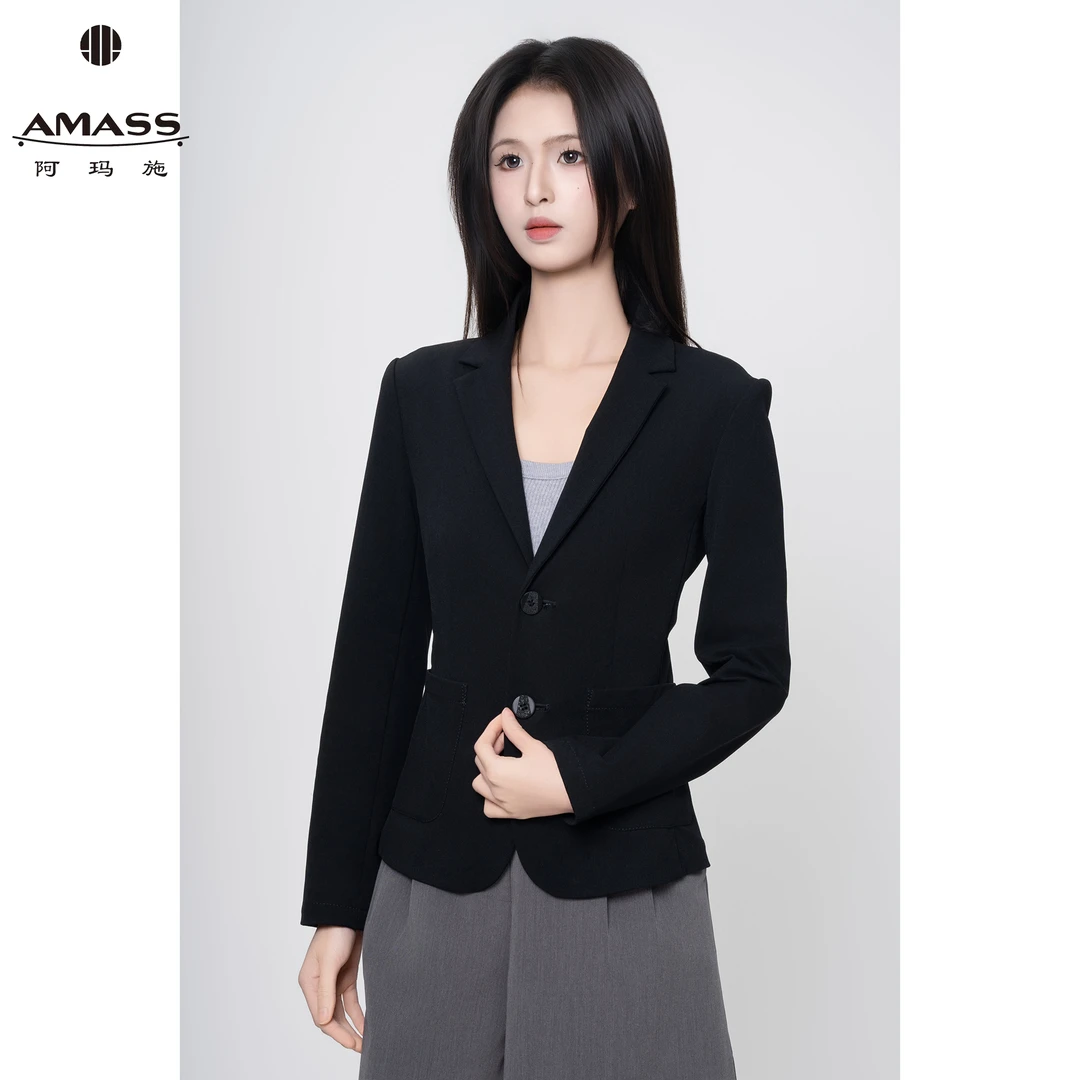 AMASS/阿玛施质感通勤翻领单排扣口袋收腰简约西服外套女 5400808