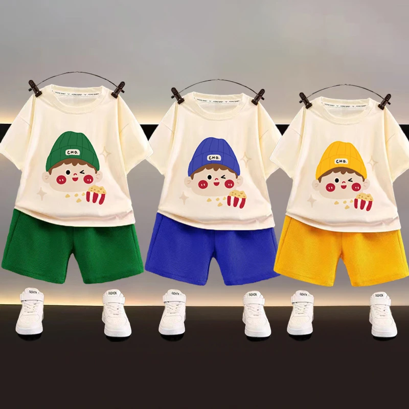 新款儿童韩版短袖套装童装男童夏季休闲宽松衣服华夫格宝宝夏季