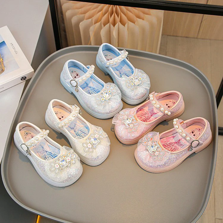 女童鞋爱莎公主鞋幼童宝宝灯鞋春季新款儿童水晶珍珠蝴蝶结演出鞋