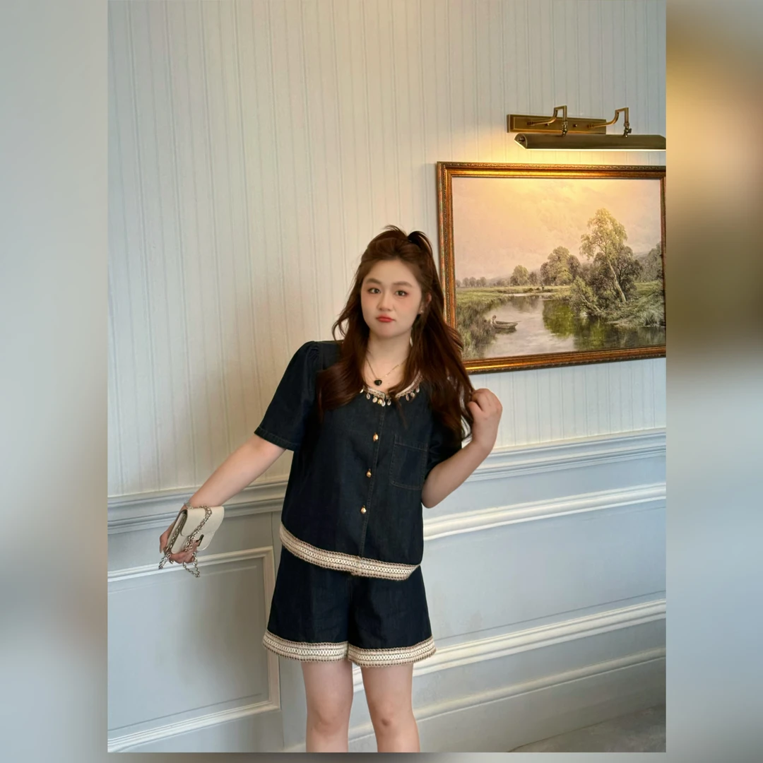 楠序源子微胖女装 法式小香风牛仔显瘦套装上衣短裤两件套YZ36328