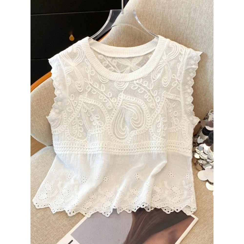 法式重工刺绣针织背心女夏款2025蕾丝小飞袖马甲超好看单穿小上衣