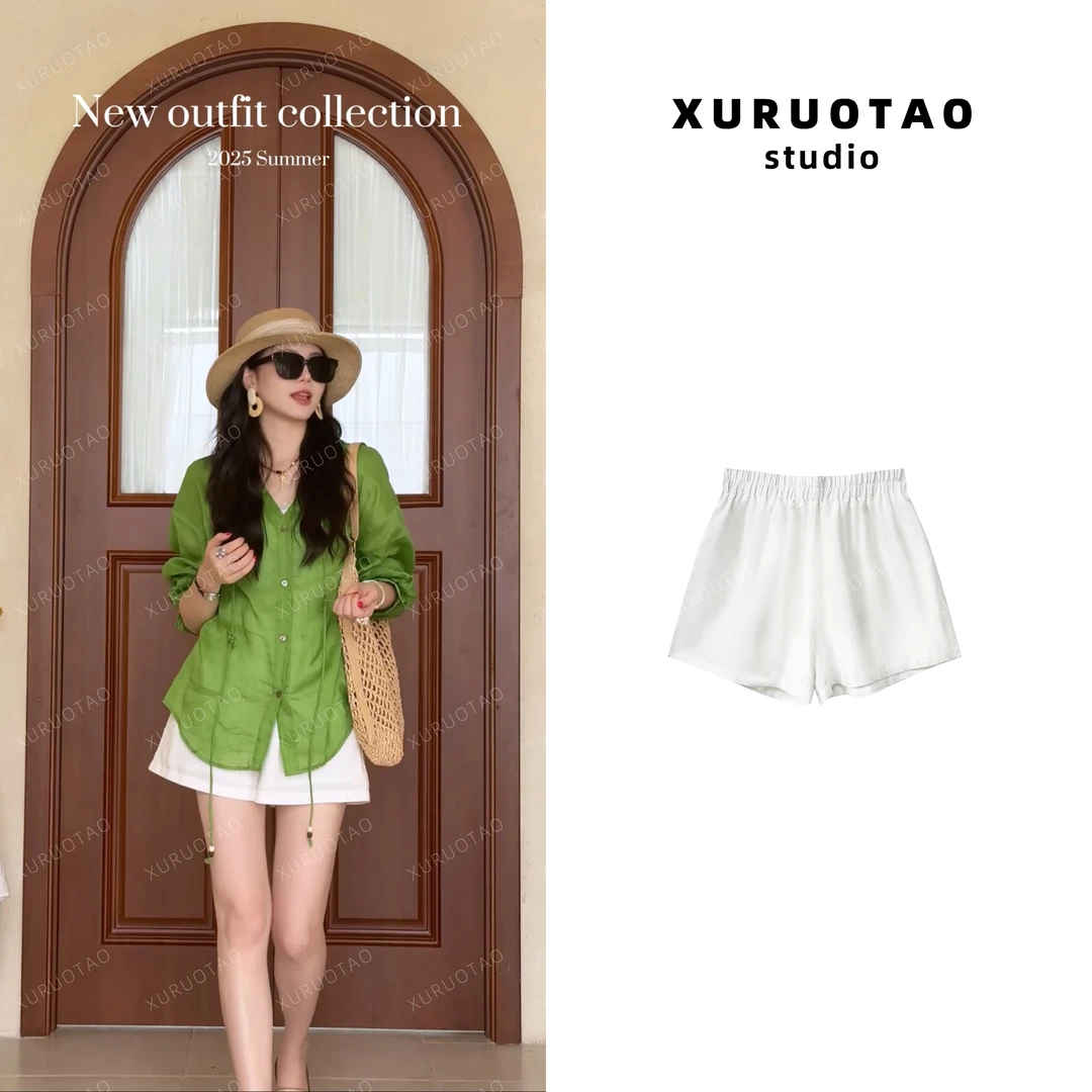 XURUOTAO 【空气短裤】苎麻休闲高腰凉爽显瘦舒适白色短裤 T5151