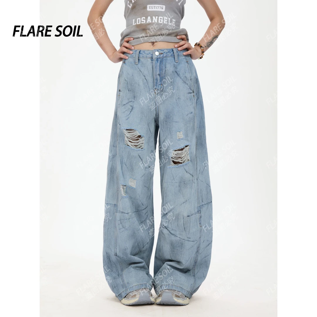 【FLARE SOIL】（现货）磨破阔腿直筒女水洗风复古破洞牛仔裤T501B