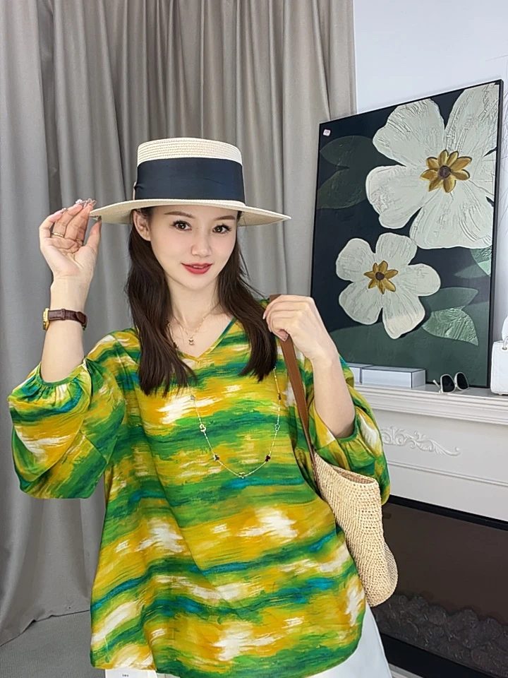 100%真丝双绉创意印花油画风拼色桑蚕丝t恤上衣时尚绿色扎染夏季