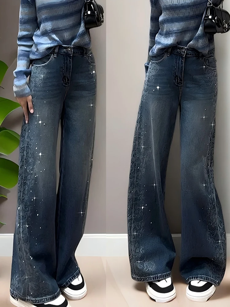 重工烫钻直筒牛仔裤女秋冬新款大码胖mm宽松显瘦垂感窄版阔腿裤