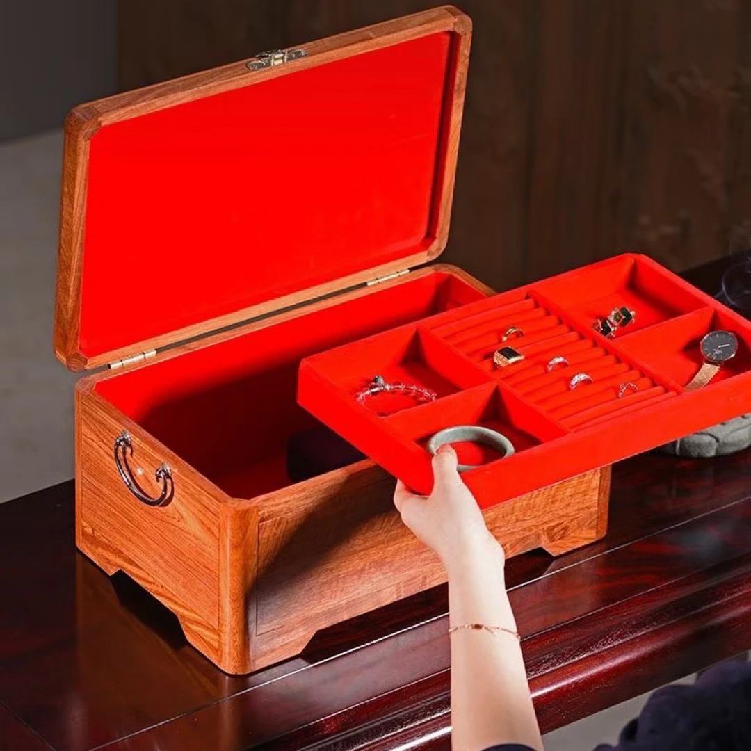 40箱子长带锁双层收纳全独板缅花彩礼婚箱饰品盒木质首饰盒收纳盒