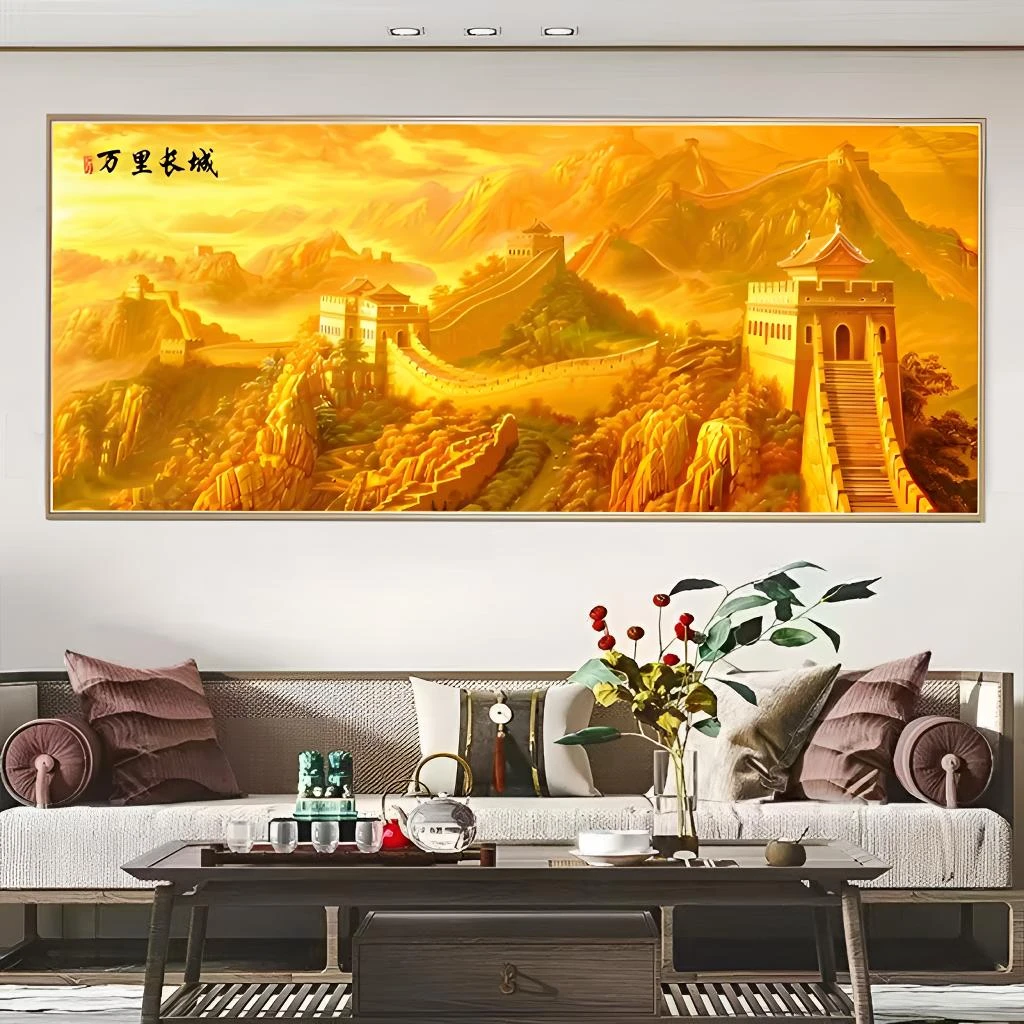 金色万里长城客厅沙发背景墙壁画办公室晶瓷晶钻装饰挂画