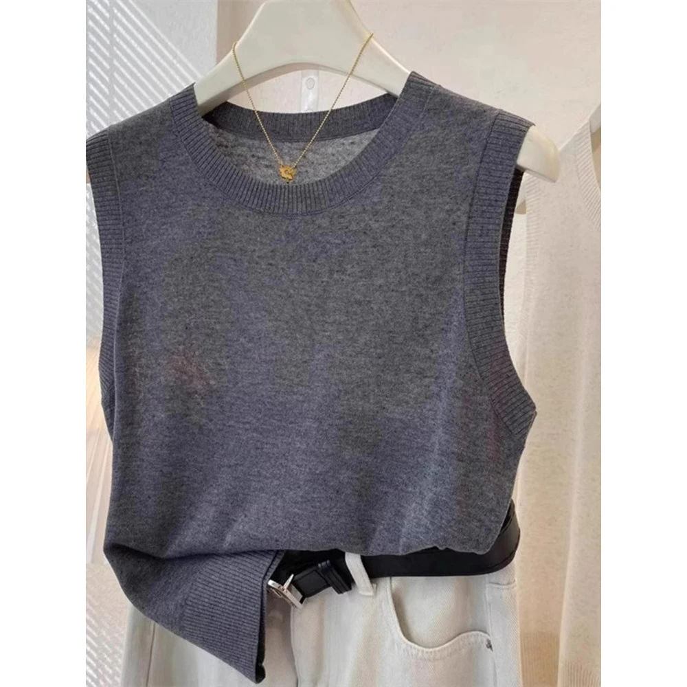 休闲风灰色针织背心女2025夏季高级感无袖打底衫内搭坎肩圆领上衣