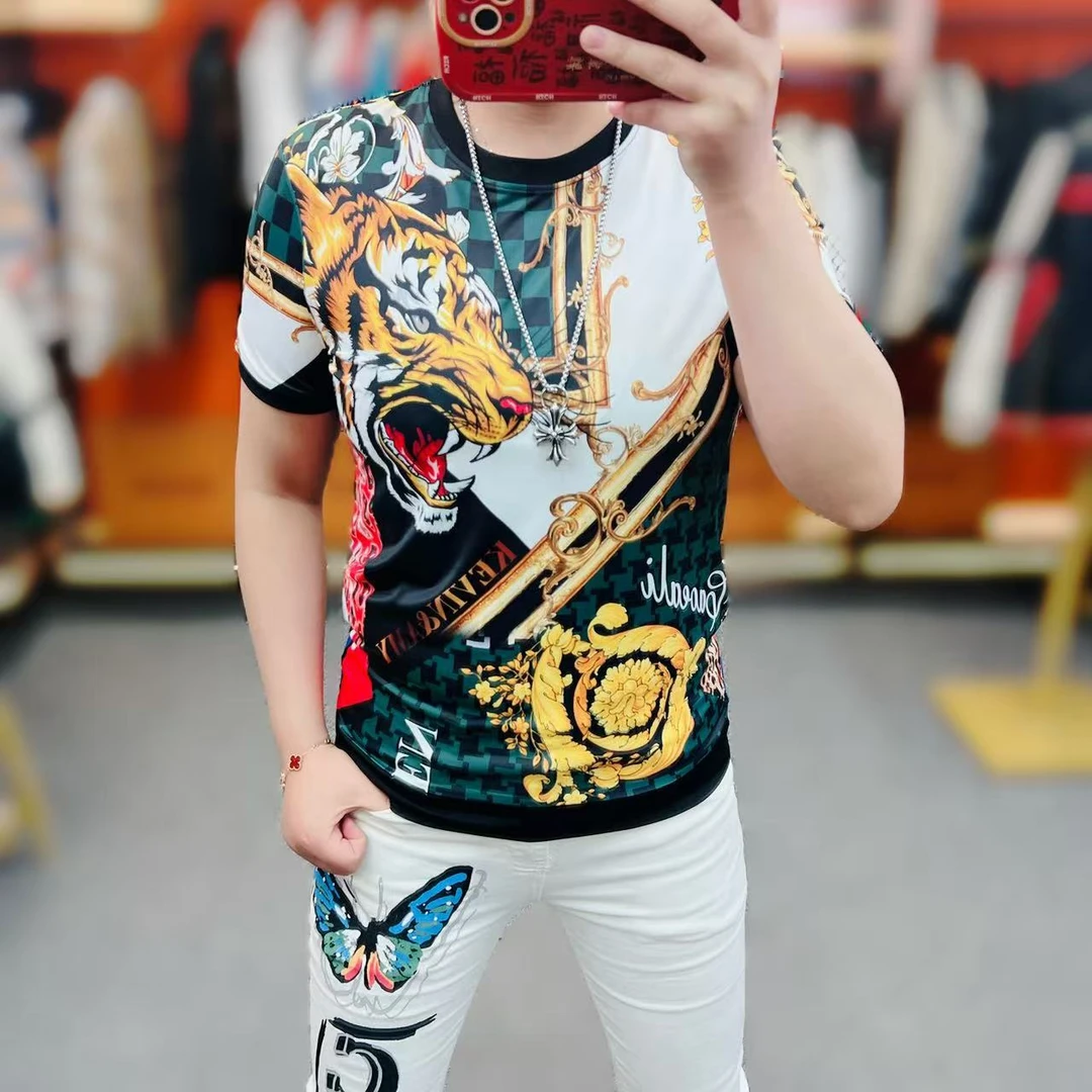 男士夏季印花网红短袖时尚圆领修身个性冰丝休闲潮流T恤半袖上衣