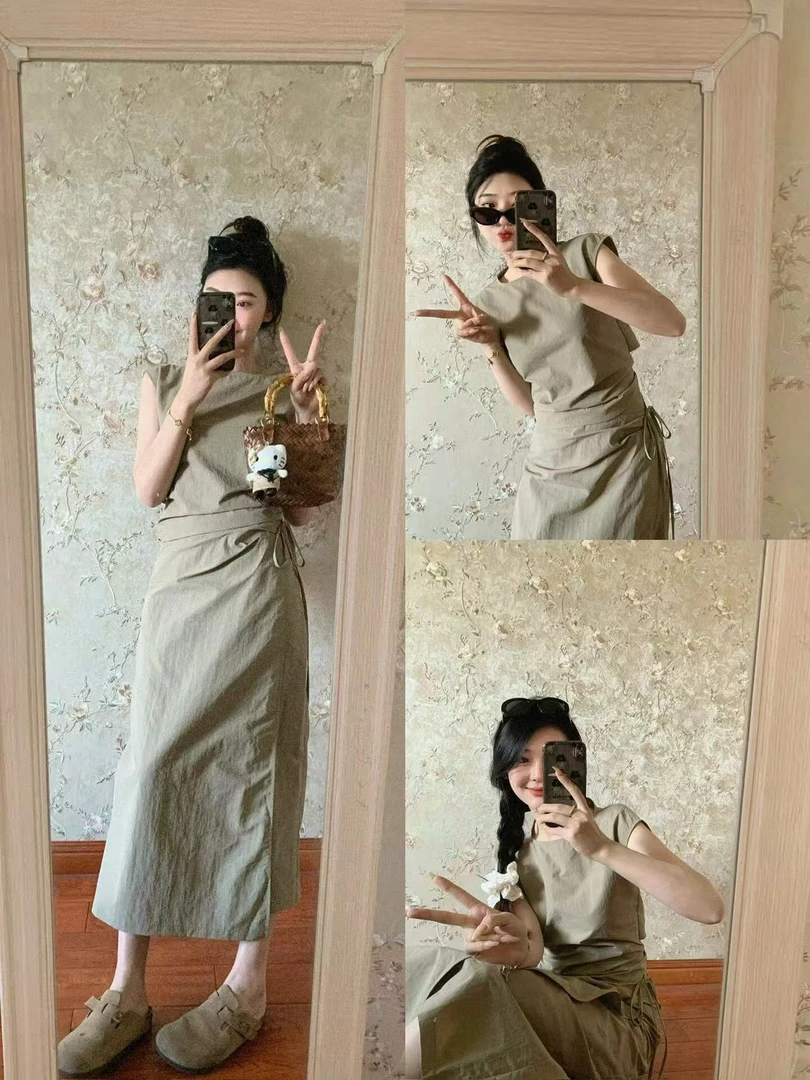夏季流行穿搭一整套女2025年绑带无袖上衣休闲搭配半身裙两件套装