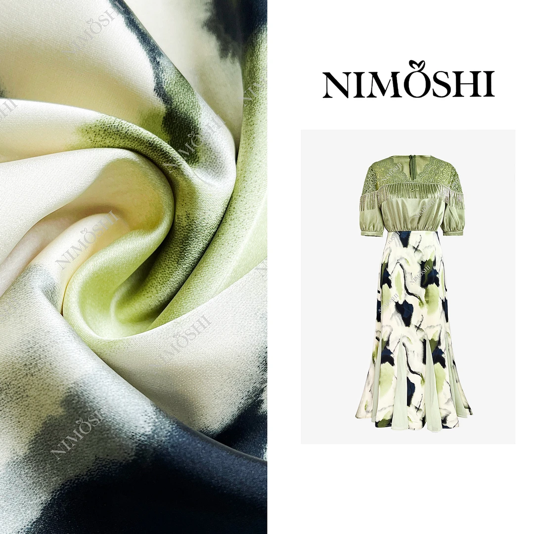 Dan总水墨晕染撞色流苏高腰气质显瘦鱼尾摆连衣裙Q1774