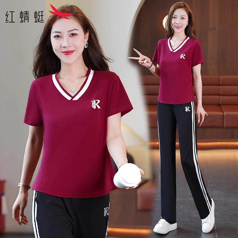红蜻蜓时尚印花运动套装女2025年新款夏季冰感时尚广场舞两件套