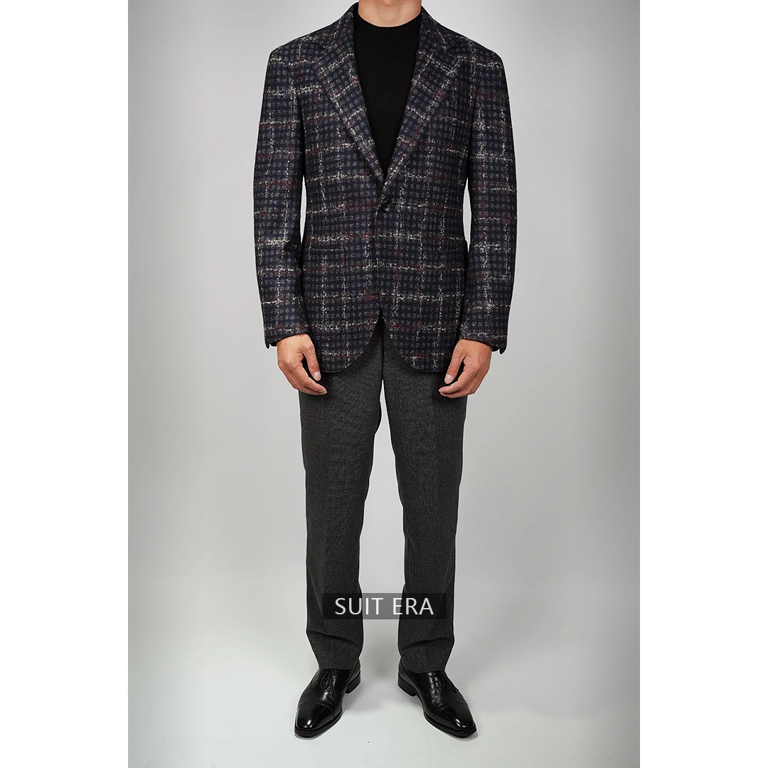 【杰N亚同款】灰蓝格意大利CHERRTI1881羊毛蚕丝【单西】男士休闲西装