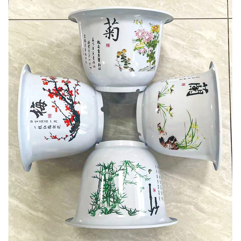 【4个装】梅兰竹菊组合直播花盆仿陶瓷树脂塑料花盆养花发大号塑料