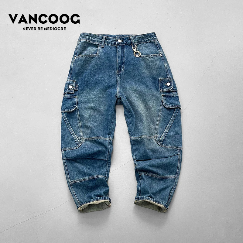 VANCOOG新款美潮百搭多口袋哈伦工装小直筒长裤微锥哈伦牛仔裤男