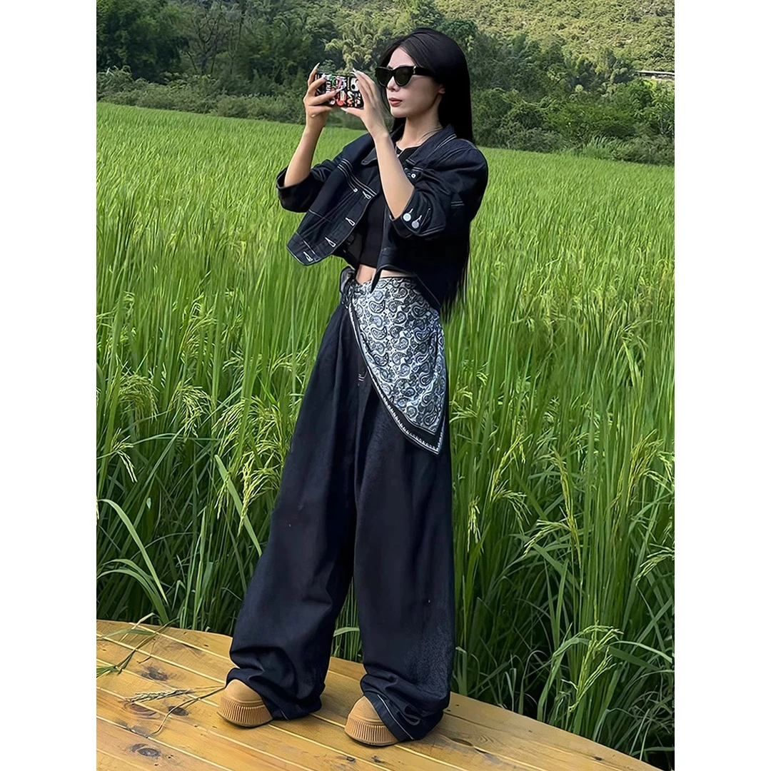 韩版高级春秋2025新款复古牛仔裤设计感小众气质高腰阔腿长裤女