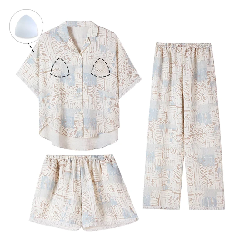 小众设计夏季新款云朵棉开衫短袖短裤长裤三件套带胸垫不可拆卸