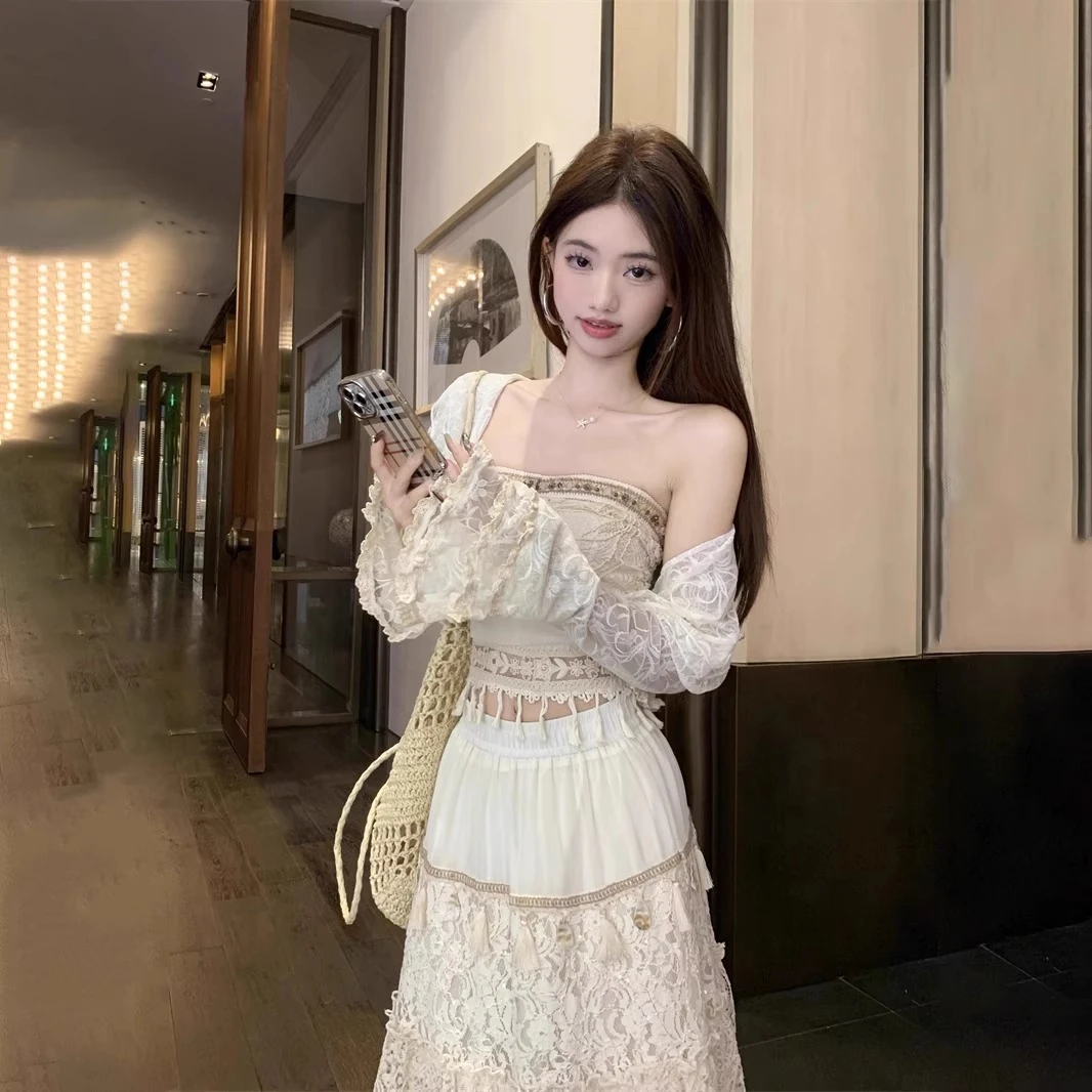 女云南风蕾丝流苏吊带上衣开衫网纱长裙女士夏季新款套装