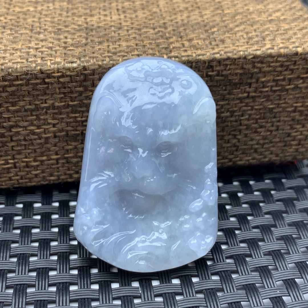 缅甸天然A货翡翠虎头挂坠紫罗兰满色冰透生肖虎牌吊坠挂件巧雕