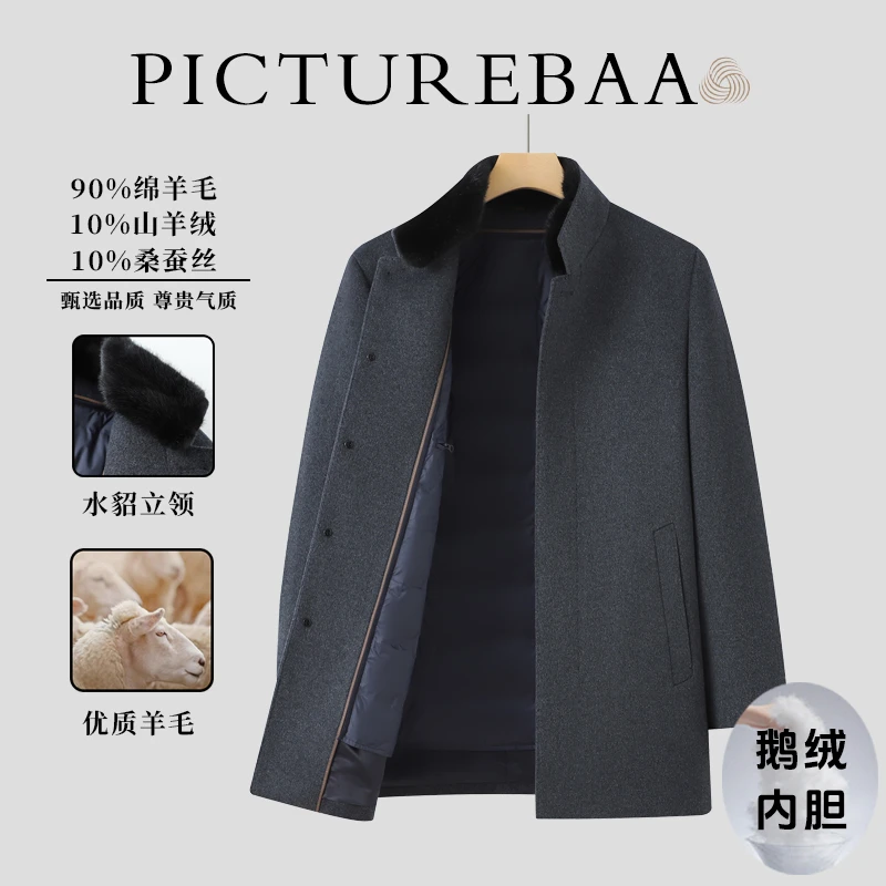 【水貂领】男士中长款羊毛羊绒桑蚕丝休闲商务鹅绒内胆加厚大衣外套