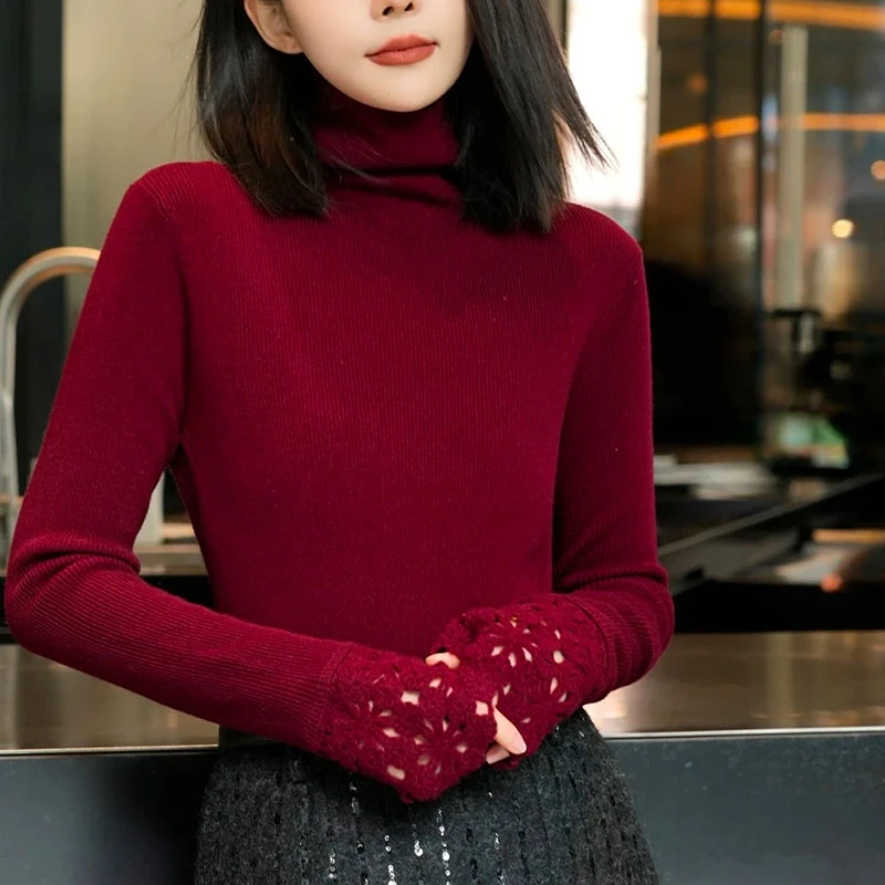 100%绵羊毛高领袖口设计针织衫秋冬百搭薄款洋气毛衣打底衫内搭