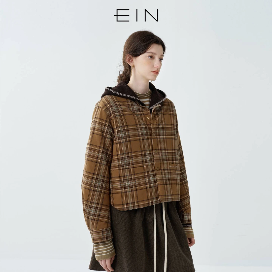 EIN/言【复古学院风】棉服短外套双面穿格纹箱型女25秋冬新款