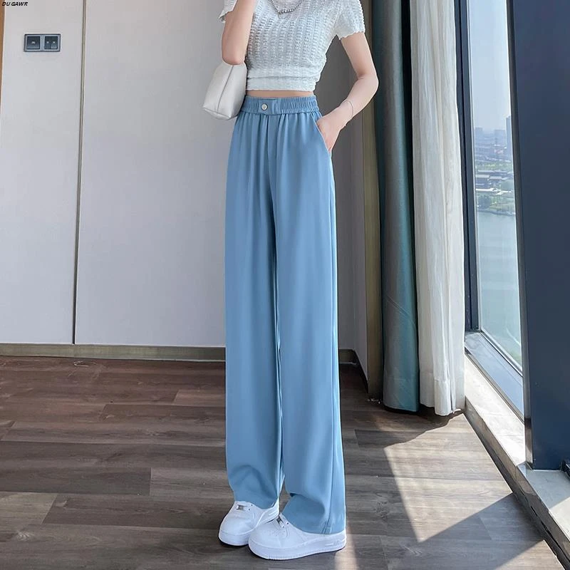 大码阔腿垂感西装裤女夏季2025新款松紧腰显瘦高腰百搭直筒休闲裤