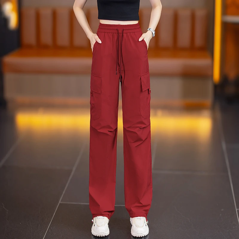 冰丝直筒速干工装裤女士夏季薄款2025新款高腰显瘦休闲运动阔腿裤