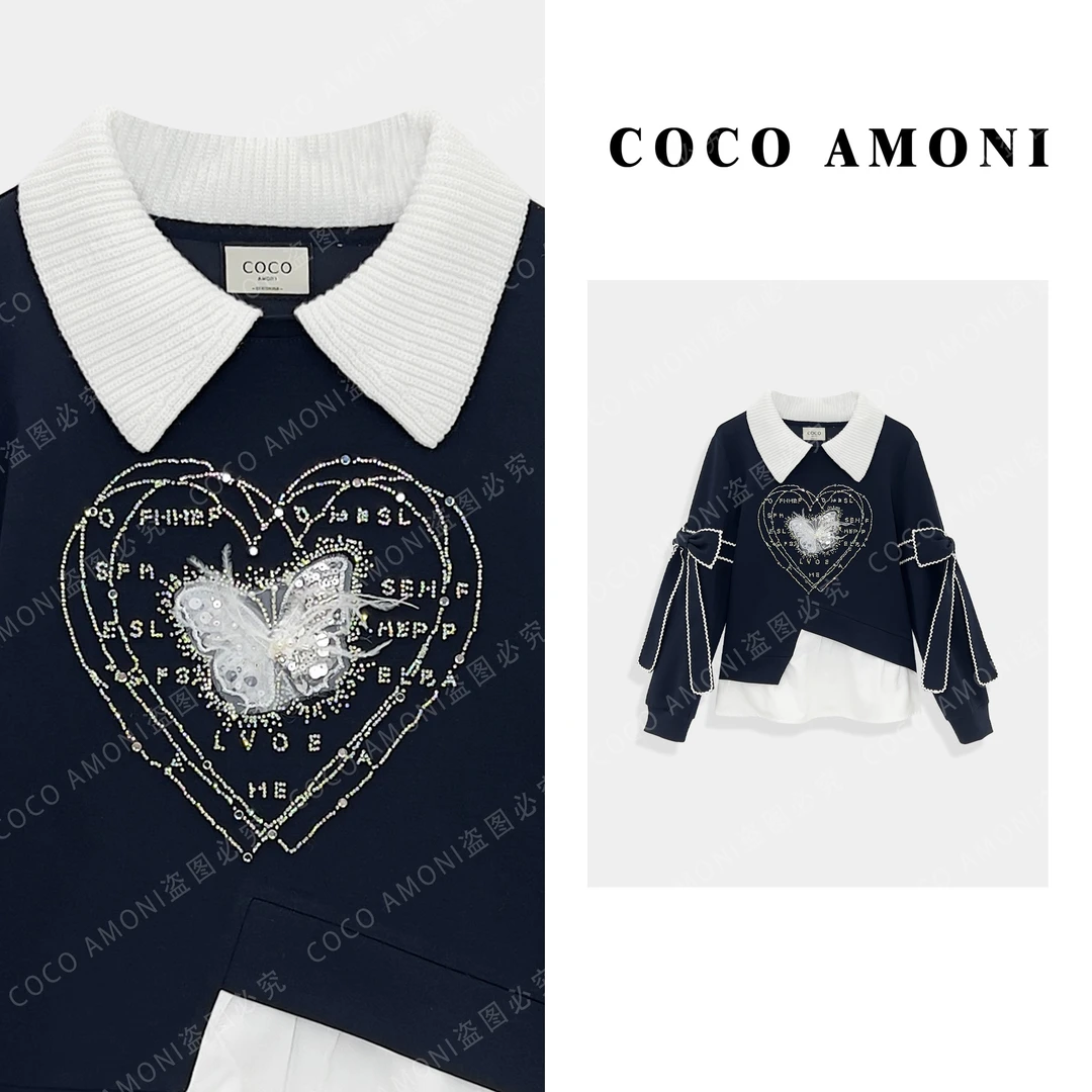 新款定制秋冬季女装拼接重工烫钻爱心百搭减龄长袖卫衣LDD025