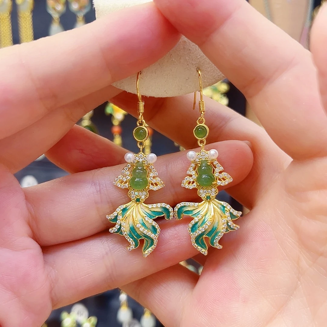 和田玉银S925镀金镶嵌耳饰